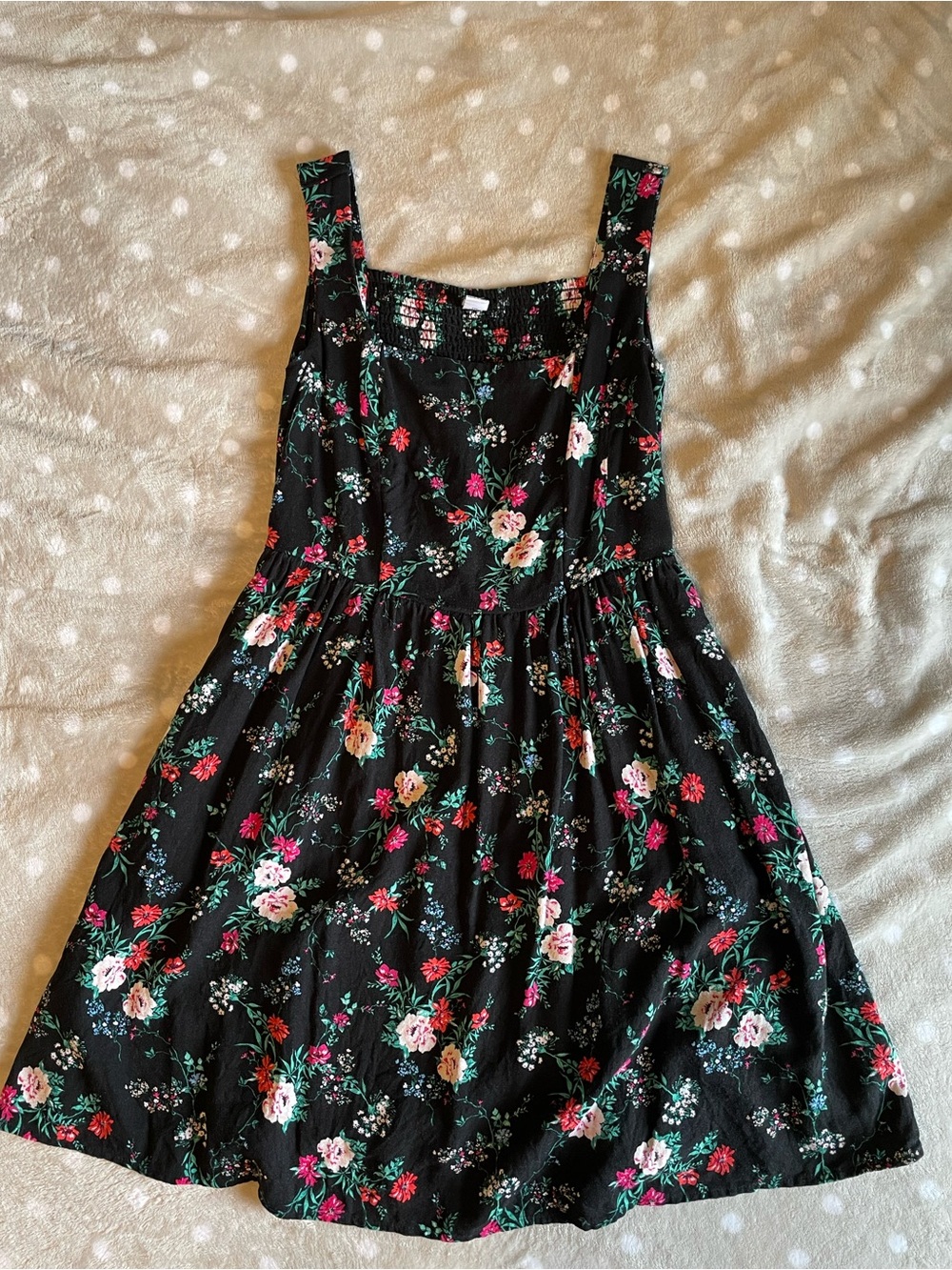 Old Navy Black Floral Midi Dress with Pink & Green Accents with Pockets
